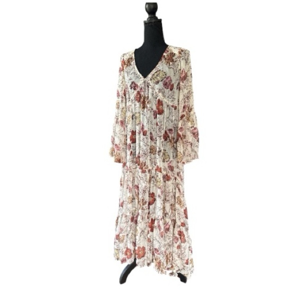 Floral V-Neck Maxi Dress Sheer Cream with Rust & Pink Flowers Size medium